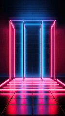 A neon-infused stage featuring a grid of pulsating squares, creating a mesmerizing display of synchronized light. Abstract futuristic neon light background. Generative AI