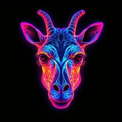 Cute Giraffe animal in neon style. Portrait of glow light animal. Generative AI