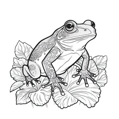 Frog animal line art illustration. Black and white coloring page style art. Generative AI