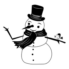 Snowman and Bird, Hand Drawn Vector Illustration

