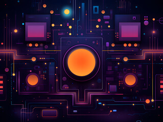 Fototapeta premium Background - tech style with Orange, pink, purple, blue and black elements, abstract, flat design, minimalistic, illustration. - Generative AI