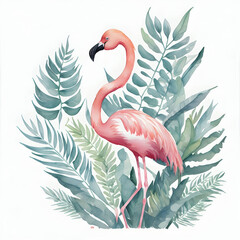 pink flamingo on white background watercolor artwork - obrazy, fototapety, plakaty
