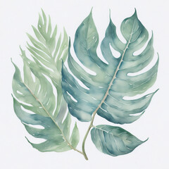 big  green leaves isolated summer watercolor graphic