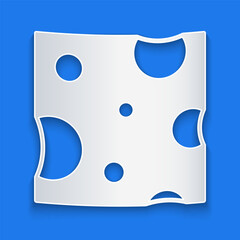 Paper cut Cheese icon isolated on blue background. Paper art style. Vector
