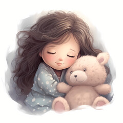 cute little girl sleeping with her favorite teddy bear, from her face she looked like she was having a sweet dream