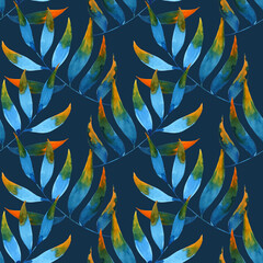 Seamless pattern of blue orange tropical leaves. Watercolor hand drawn illustration. On a blue grey background. For fabric, sketchbook, wallpaper, wrapping paper.