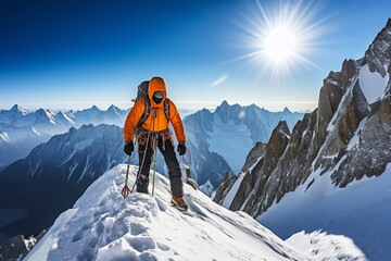 Naklejka na ściany i meble Man climbing in the Alps. Generative Ai.