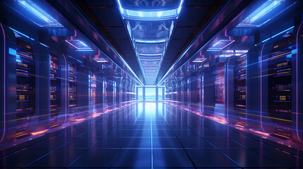 A high-tech data center sleek workstations, and a bright, inviting atmosphere. - expansive space, serense vibe, purple and blue glow.  - Generative AI