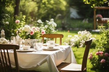 Fototapeta na wymiar Garden Party Elegance - Beautifully Set Festive Table