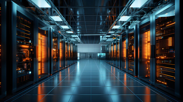 A high-tech data center sleek workstations, and a bright, inviting atmosphere. - expansive space, serense vibe, warm lighting.  - Generative AI