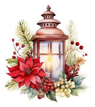 illustration of watercolor christmas lantern decor isolated.
