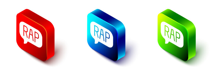 Isometric Rap music icon isolated on white background. Red, blue and green square button. Vector