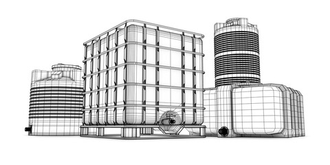 Water tank with metal grill and Ccontainers for water of different shapes. 3d rendering.