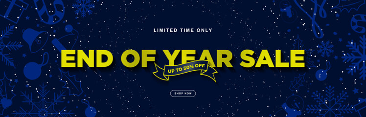 End of Year Sale Typographic Text Sales Banner with up to 50% off discount tag and shop now CTA button on midnight blue background. Blue Christmas elements. Editable Vector Illustration. EPS 10.
