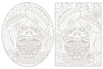 A set of contour illustrations with abstract frogs, dark contours on a white background
