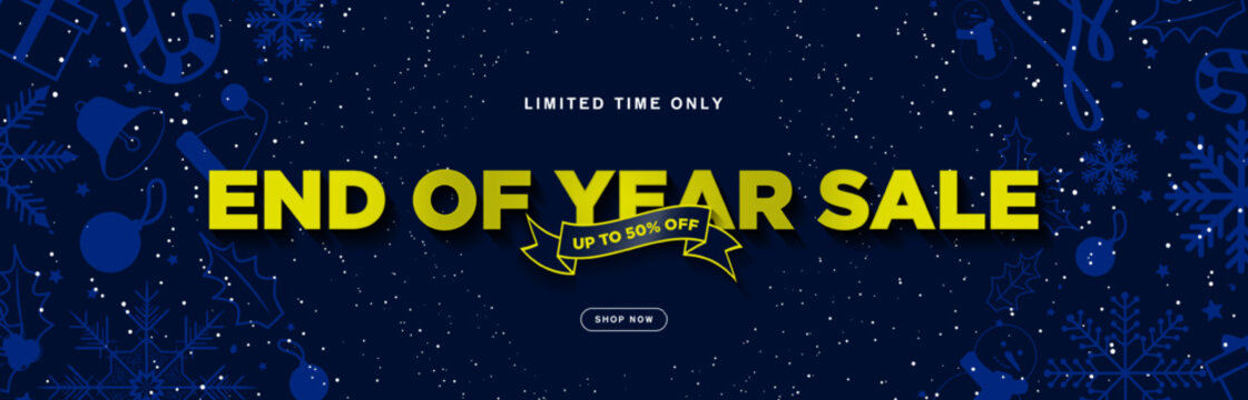 End of Year Sale Typographic Text Sales Banner with up to 50% off discount tag and shop now CTA button on midnight blue background. Blue Christmas elements. Editable Vector Illustration. EPS 10.