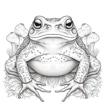 Toad animal line art illustration. Black and white coloring page style art. Generative AI