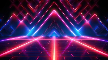 Fototapeta premium A neon-streaked dance floor stage surrounded by walls of light, pulsing in sync with the music, igniting an electric atmosphere. Abstract futuristic neon light background. Generative AI