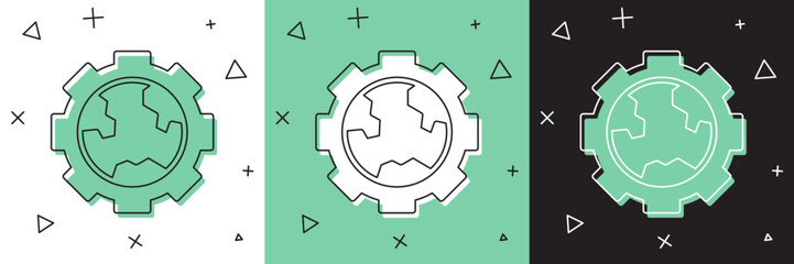 Set Globe of the Earth and gear or cog icon isolated on white and green, black background. Setting parameters. Global Options. Vector