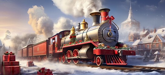 Happy winter celebration with a nostalgic locomotive. Christmas decoration and snowflake design. Merry New Year greeting card.