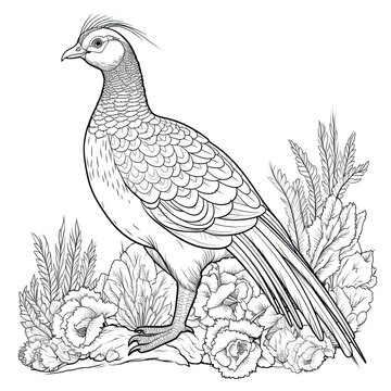 recommend clip art: Quail animal line art illustration. Black and white coloring page style art. Generative AI