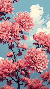 Aster flower illustration. Floral vintage greeting card background. Generative AI