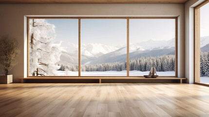 Empty room of modern contemporary loft with wooden floor and large windows to garden. Copy space. Generative AI