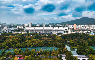 Obraz premium Aerial photo of Nanjing International Exhibition Center, China