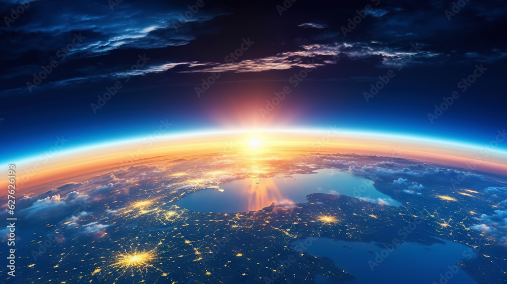 Canvas Prints panoramic view on planet earth globe from space. glowing city lights, light clouds. generative ai