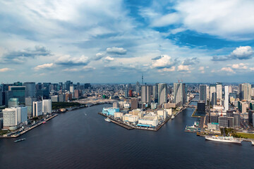 Aerial view of Odaiba Harbor in Minato City, Tokyo, Japan