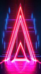 A neon light stage with cascading ribbons of glowing lines, intertwining and illuminating the space with a vibrant energy. Abstract futuristic neon light background. Generative AI