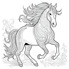 Stallion horse animal line art illustration. Black and white coloring page style art. Generative AI