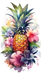 Watercolor style Pineapple fruit in colorful style illustration. Natural food painting art. Generative AI