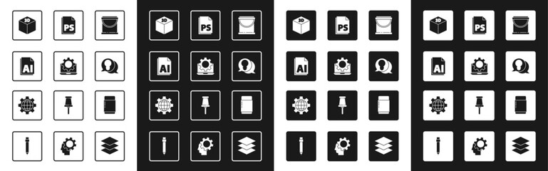 Set Paint bucket, Laptop and gear, AI file document, Isometric cube, Light bulb with concept of idea, PS File, Eraser or rubber and Globe the Earth icon. Vector