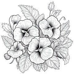 Cute Pansy flower in coloring page style illustration. Line art painting. Generative AI