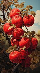 Apples fruits vintage art illustration. Natural eco food design. Generative AI