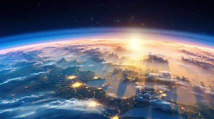 Naklejka premium Panoramic view on planet Earth globe from space. Glowing city lights, light clouds. Generative AI