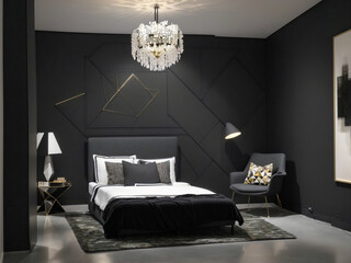 Dark, modern bedroom with enigmatic minimalism. Avant-garde art, plush bed, abstract sculpture, and neon floor lamps create a mysterious ambiance.