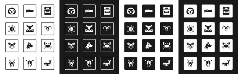 Set Dog bone, Whale tail in ocean wave, Turtle, Owl bird, Head of goat or ram, Crocodile, Crab and Rat head icon. Vector