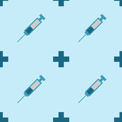 Medical syringe, seamless pattern, vector. Medical syringe on a blue background.