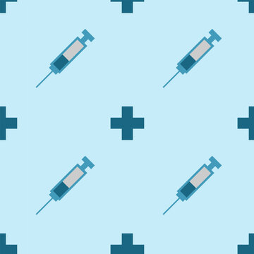 Medical syringe, seamless pattern, vector. Medical syringe on a blue background.
