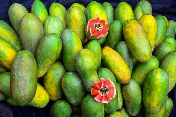a pile of california papayas, one of the varieties of papaya that grows in Indonesia