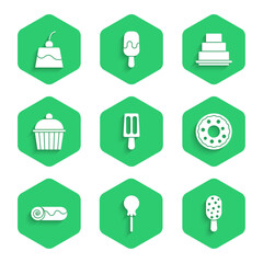 Set Ice cream, Lollipop, Donut, Chocolate roll cake, Cake, and Pudding custard icon. Vector