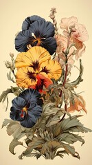 Pansy flower illustration. Floral vintage greeting card background. Generative AI