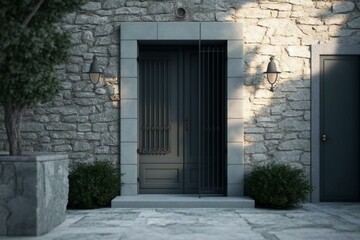 Sophisticated entryway with grey metal door and stone walls in Athens, Greece. Generative AI