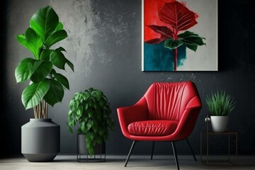 Red armchair, trendy plant vase, mock-up artwork interior design with modern style. Generative AI
