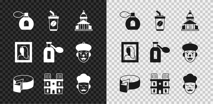 Set Perfume, Coffee cup to go, Museum building, Cheese, Notre Dame de Paris, Cook, Portrait picture museum and icon. Vector