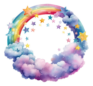 Colorful rainbow wreath with clouds and stars isolated.