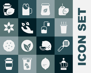 Set French press, Tea strainer with handle, Cup of tea, packaging, leaf, Flower, lemon and bag icon. Vector