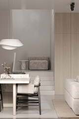 Beige livingroom interior with taupe armchair, ceiling lamp and kitchen island. Mock up canvas poster wall. Panoramic background with stairs and armchair. 3d rendering. High quality 3d illustration